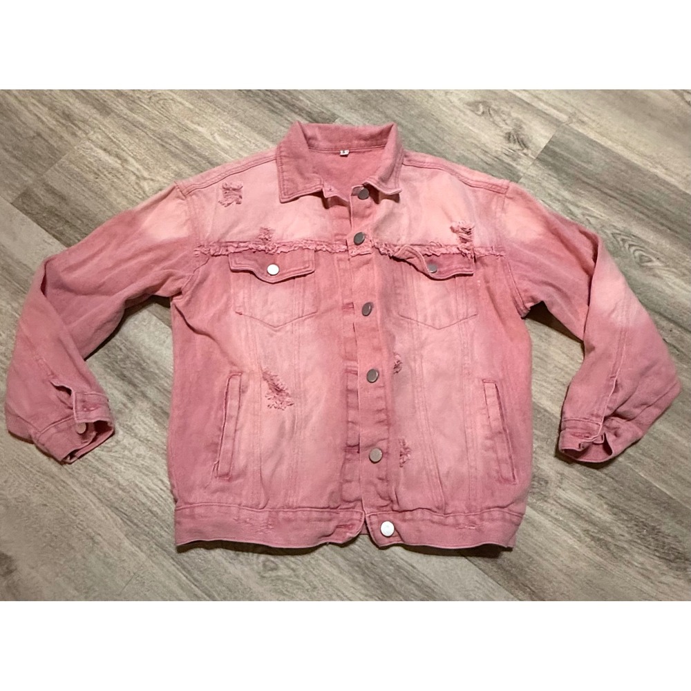 Womens Pink Denim Jacket Distressed Cropped Button Front Size S